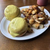 Eggs benny with dairy-free hollandaise sauce— they’ll do these with tofu “eggs” too to be fully vegan  at M&Js Eatery in Bedford