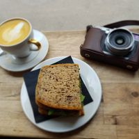 Vegan cappuccino and sandwich. at STOR in Warsaw