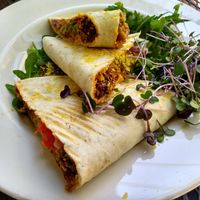 Vegan quesadilla with walnut "meat", nut cheese, avocado, tomato, onion at Food and Thought in Naples