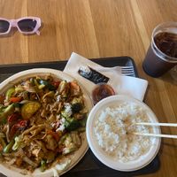Spicy noodles, side steamed rice, Thai iced coffee   at Thai East Wind in Santa Monica