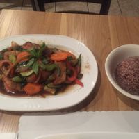 Pad Krawpaw - Soy Chicken, White Onion, Mushrooms, Bell Peppers and Mint Leaf - with Brown Rice at Thai East Wind in Santa Monica