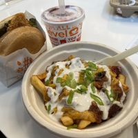Chicken burger, shake and chili fries  at Next Level Burger - Potrero Hill in San Francisco