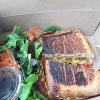 Seitan veggeroni sandwich on ciabatta  at Sweetpea Baking Company in Portland