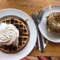 Waffles, berries n cream - garden everything bagel at Sweetpea Baking Company in Portland