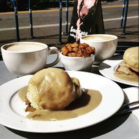Biscuits and Gravy with seitan bacon at Sweetpea Baking Company in Portland