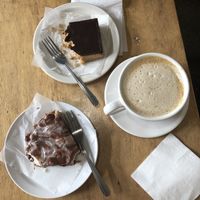 Caramel scone, chocolate peanut butter bar and vanilla latte  at Sweetpea Baking Company in Portland