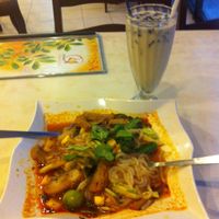 Vagan Curry Laksa and soy milk drink with jelly. at Cameleon Vegetarian Bean Curd in Kuala Lumpur