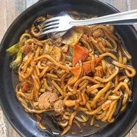 Black pepper noodle dish  at Cameleon Vegetarian Bean Curd in Kuala Lumpur