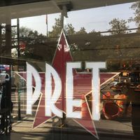 Front of Pret a Manger--with reflection of Central Park in the Window. at Pret A Manger - Central Park in New York City