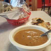 lentil soup, spinach pie and alima falafels at Falafel Brothers in Brick