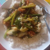 Takeaway: sizzling mixed veg with tofu and steamed rice. at Banana Leaf - Byres Rd in Glasgow