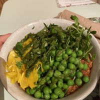 Bolognese with greens, tumeric onions, peas, herb dressing on quinoa pasta at Le Botaniste - Soho in New York City