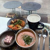 Tibetan mama(added tofu), tomato soup, raspberry dessert  at Le Botaniste - Soho in New York City