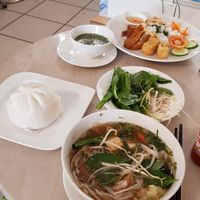 Vegan pho, vegan steamed bun. Broken rice w tofu in the back at Sala in Ho Chi Minh City