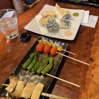 Vegetable yakitori and vegetable tempura at Gonpachi - Shibuya in Tokyo