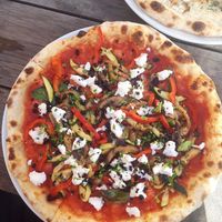Eggplant, bell pepper and zucchini pizza with vegan feta at Tanner in Helsinki