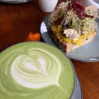 Vegan matcha latte & vegan hummus & feta sandwich at Tanner in Helsinki