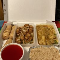 Left to right: veg spring rolls, sweet and sour sauce, salt and chilli tofu, fried rice (minus the egg), vegan chicken in satay sauce  at China Express Finaghy Takeaway in Belfast
