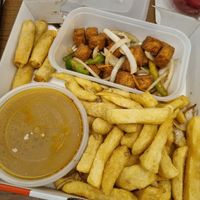 Vegan salt and chillie box with tofu option and satay sauce at China Express Finaghy Takeaway in Belfast