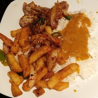 Salt and chilli mock "chicken", salt and chilli chips, boiled rice and curry sauce. at China Express Finaghy Takeaway in Belfast