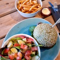 Dutch weed burger with fries at Het Slachthuis in Leiden
