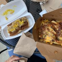 Chili cheese fries, sausage with sauerkraut  at Unburger Grill in Dearborn