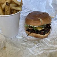 Mushroom Cheese style with a black bean mushroom patty and fries  at Unburger Grill in Dearborn