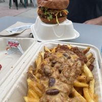 Mustard and maple chickn sandwich and chili cheese fries  at Unburger Grill in Dearborn