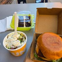 Chick'n Bac'n Ranch, Hippie hash, Chocolate bumpy cake at Unburger Grill in Dearborn