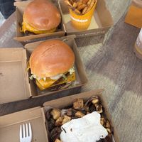 double double cheeseburger, chipotle black bean, fries, and hippie hash  at Unburger Grill in Dearborn