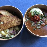 warm salad bowl with tempeh and paprikash with soy chunks and mashed potatoes  at Güjžina - Green One Bistro in Ljubljana