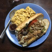 Philly cheese steak with mac and cheese at Senses Vegan Comfort Food in Norfolk