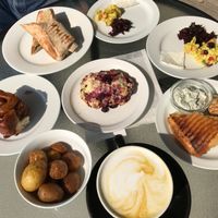 Spanakopita, Roasted Potaoes, Falafel Wrap and Golden Latte. 
All I can say is YUM and you all need to try it!  at Sweet Pea Cafe & Playhouse in Edmonton