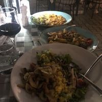 Giant beans, mixed veggies and salad - we ordered extra food to take the leftovers up to the monasteries as there aren’t any restaurants up at Meteora.   at Valia Calda in Kalampaka