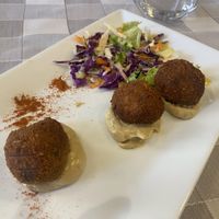 Starter : “meatballs” made from nuts with mustard sauce   at Valia Calda in Kalampaka