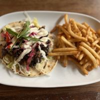 Eggplant gyros with fries   at Yulli's Brews in Alexandria