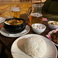 Hot pot, rice and potato saladd  at Yulli's Brews in Alexandria