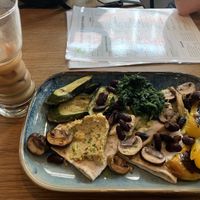 Religiously Vegan breakfast/brunch meal (AMAZING!!) lots of taste, and also my soya iced latte  at Charlie's Cafe in North London