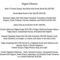 Vegan menu at Elements Eatery and Mixology in Lexington Park