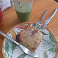 Pastela de soja y batido de frutas at Papas Elvira in Granada