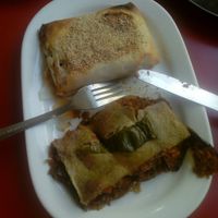 Musaka y empanada de soja texturizada. at Papas Elvira in Granada