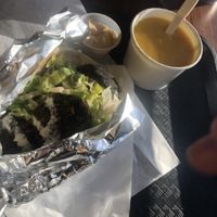 Falafel pita wrap and lentil soup with a side of hummus at Jaffa Cafe in Santa Maria
