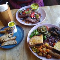Right: Herb big breakfast. Left: Dippy Egg. Top: Cinnamon French Toast. at The Old Gun Shop Café & Pantry in Lancaster