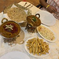 Lamb rogan josh with pilau rice and chips (& vegan garlic chapati at Torviscas Spice Village in Tenerife