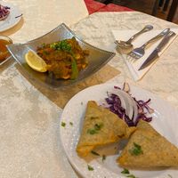 Vegan samosas and garlic mushrooms at Torviscas Spice Village in Tenerife