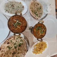 Veg meat bhunas, garlic rice, chips, chapatis at Torviscas Spice Village in Tenerife