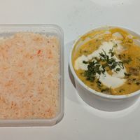 Vegan soy chicken korma and coconut rice at Torviscas Spice Village in Tenerife