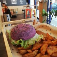 Cheesy cecio burger, spicy potatoes, mayo at Flower Burger in Palermo