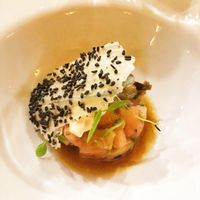 Starter: Tomato Tartare, Eggplant, Cumin, Rice Wafer (Vegan, GF) at The Gunyah Restaurant in Huskisson
