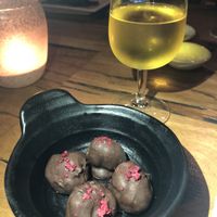 Petit four: Cashew freeze dried raspberry chocolates (vegan) at The Gunyah Restaurant in Huskisson